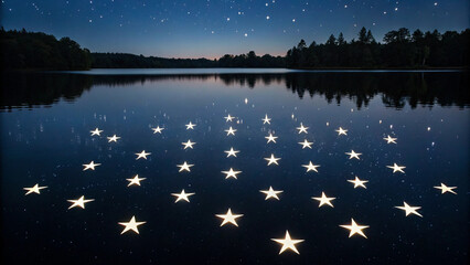 Glowing star shapes floating on a still lake surface under a starry night sky stars reflection