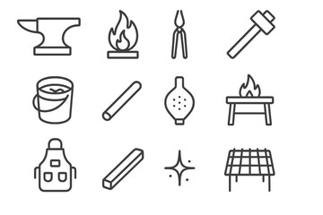 Blacksmith Tools Icons. Outline icon set of blacksmith tools and forge: anvil, forge flame, tongs, hammer,