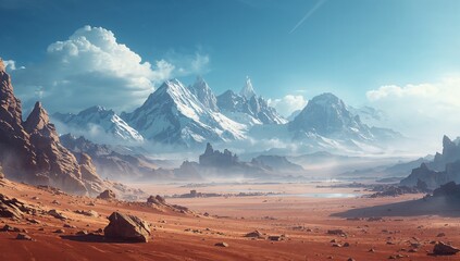 Naklejka premium Surreal Landscape with Snowy Mountains and Desert Plains under a Blue Sky