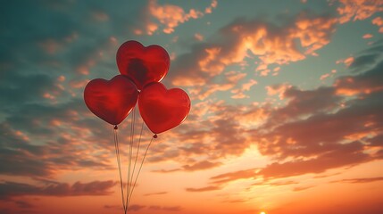 Fototapeta premium Red heart shaped balloons rising against a beautiful sunset sky in a romantic scene