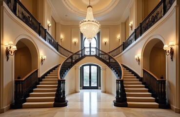 Fototapeta premium Grand double staircase inside luxurious mansion foyer. Elegant marble floors reflect light from large crystal chandelier, wall sconces. Ornate black railings complement plush carpeted steps of