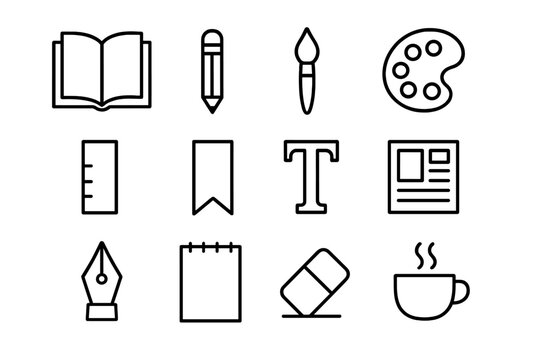 Books & Art Icons. Outline icon set of personalized book cover illustrations: open book, pencil, paintbrush,