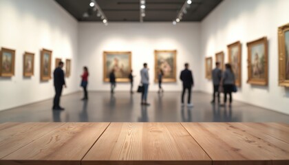 Empty clean wooden tabletop surface in a blurred art gallery background. Features framed paintings on white walls. Soft bokeh lights create an elegant atmosphere for product display or presentations.