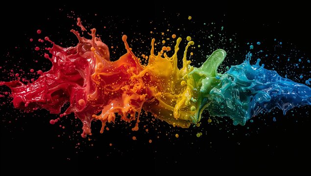Colorful paint splash on black background creating a vibrant rainbow effect