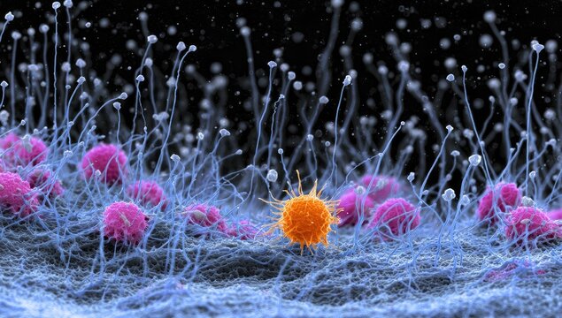 Microscopic view of cells and fungal hyphae.  A vibrant orange cell stands out amidst a field of pinkish-purple cells and light-blue fungal filaments.  Dark background