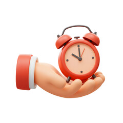 Rendered Hand Holding Red Alarm Clock Against Transparent Background