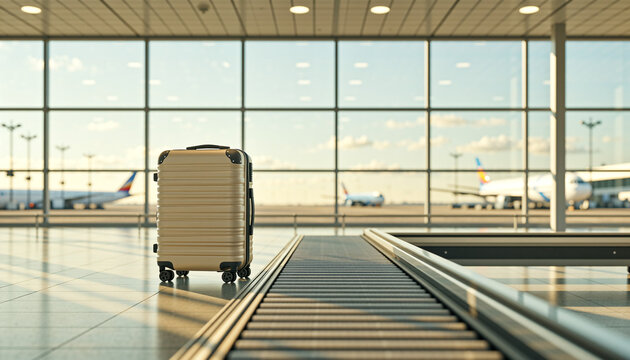 Suitcase on luggage belt at airport terminal with airplanes outside