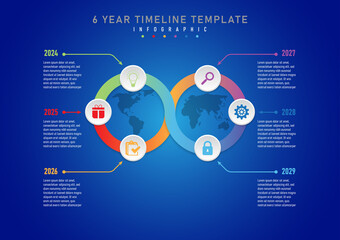 6 year timeline infographic template. Multicolored overlapping curves with a map in the center. Top has grey buttons with multicolored icons. Left and right sides have text. Blue gradient background.
