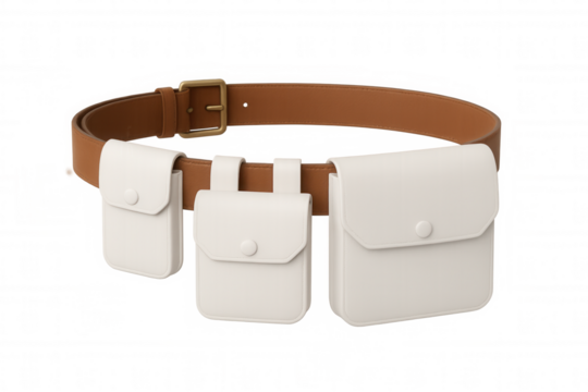 Leather utility belt with multiple white pouches, rendered in detailed 3d visualization against transparent backdrop