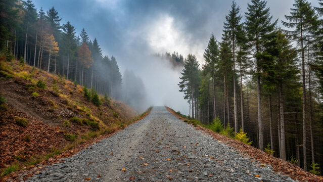 Gravel road disappearing into a misty forest with tall pine trees path - Powered by Adobe