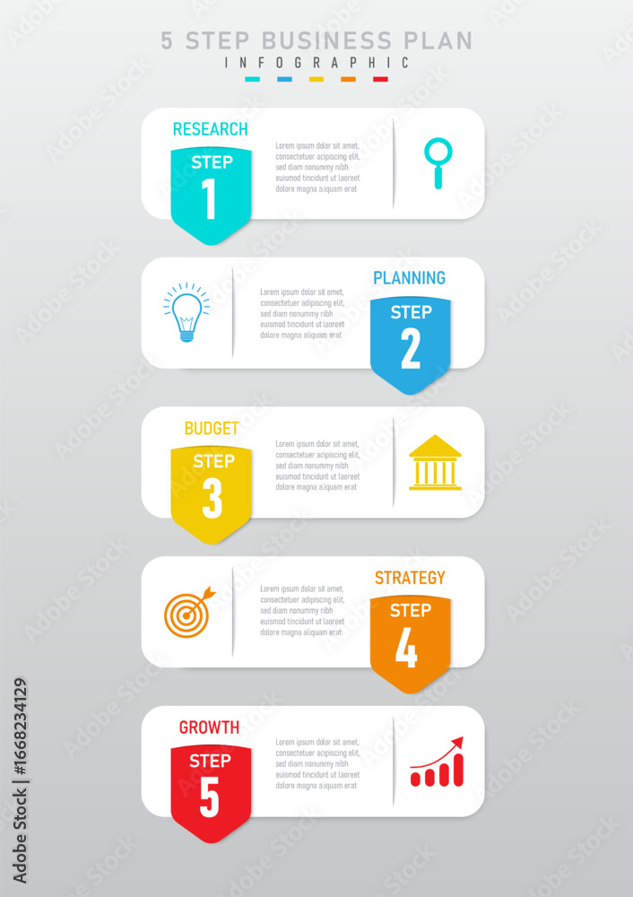 Wall mural 5 steps business planning vertical infographic template. white rectangle, multicolored rounded corne