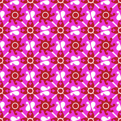 seamless floral pattern
A seamless pixel-style pattern featuring symmetrical eight-petal floral motifs and abstract amoeba-like shapes in red-orange and white on a deep magenta background. 