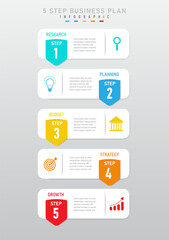5 steps business planning vertical infographic template. White rectangle, multicolored rounded corners rectangles and numbers on top with icons, grey text in the middle, grey gradient background.