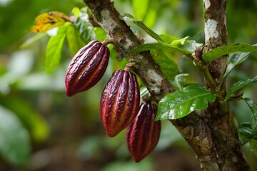 Cacao tree branch showing ripe pods growing in tropical climate