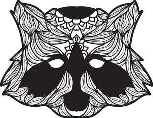 Stylized black and white raccoon face illustration with intricate wavy patterns and mandala elements.