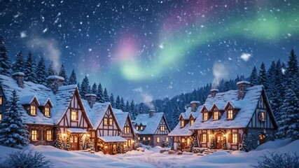 Enchanting Winter Village Snowfall - A picturesque winter village nestled in a snowy forest under a night sky with falling snow and a hint of aurora borealis. - Powered by Adobe
