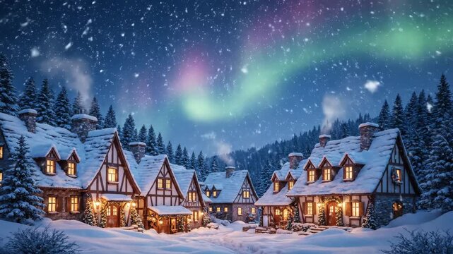 Enchanting Winter Village Snowfall - A picturesque winter village nestled in a snowy forest under a night sky with falling snow and a hint of aurora borealis. - Powered by Adobe