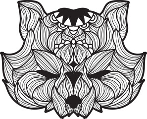 Intricate black and white illustration of a stylized raccoon face, composed of flowing decorative lines and symmetrical patterns, resembling a mandala.