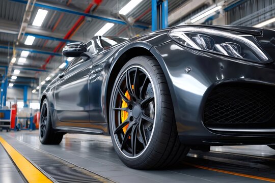 Modern sports car undergoing maintenance in professional auto service center