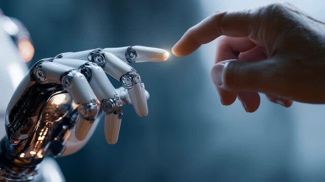 concept of AI helping people, cooperation at work with modern futuristic background, ai generated