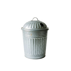 A classic silver galvanized steel garbage can with a handled lid, isolated on a white background for household waste and recycling concepts