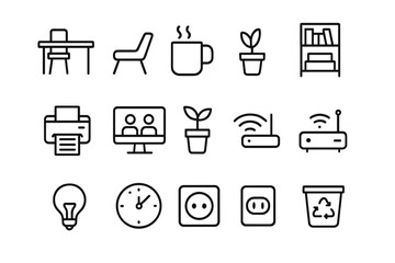 Coworking Icons Set. Outline icon set of coworking spaces: open desk, lounge chair, coffee mug, bookshelf,