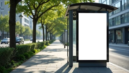 Blank white poster at bus stop shelter. Clean glass structure, city streets background. Trees line sidewalk. Modern urban infrastructure, daylight scene, perfect for advertising transit information.