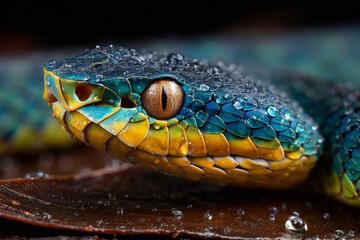 Fototapeta premium Colorful snake resting on wet leaf in rainforest
