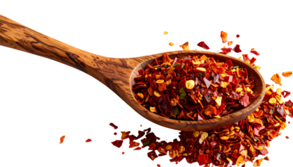Spicy chili red pepper flakes, chopped, milled dry paprika pile in wooden sppon isolated on white, top view
