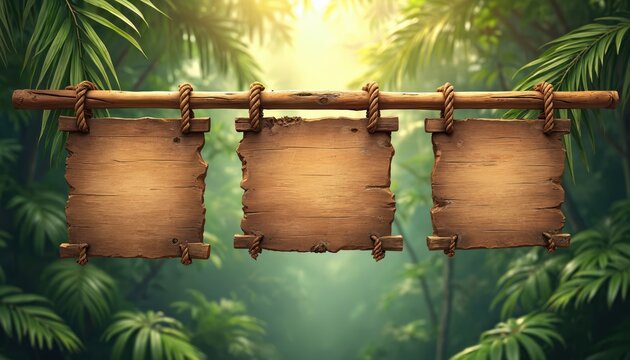 Collection of three weathered wooden signboards suspended by rope against jungle backdrop. Empty rustic planks offer natural, tropical interface elements, perfect for game UI, Hawaiian themes, jungle