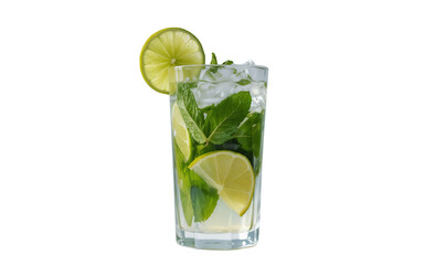 Mojito Cocktail in Tall Glass with Mint Leaves, Lime Wedges, and Crushed Ice — Isolated on Transparent Background for Refreshing Drink Mockups and Commercial Use
