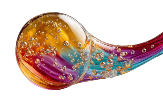 Abstract colorful fluid with bubbles isolated on transparent background