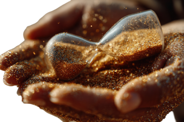 Closeup of golden sand flowing through an hourglass held in cupped hands, symbolizing the passage of time isolated on transparent background
