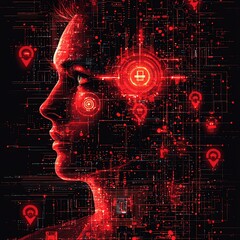 Ai technology digital human head with red glowing circuit board lines and data connections concept art