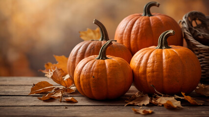 Rustic autumn still life with pumpkins and dry leaves on wood, warm tones with copy space.