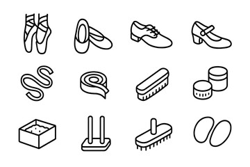 Dance Footwear Icons. Outline icon set of dance footwear: pointe shoes, ballet slippers, practice shoes, soft