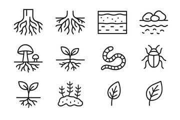 Deep Root Icons. Outline icon set of deep root systems: tree trunk, root spread, soil layers, rocks,