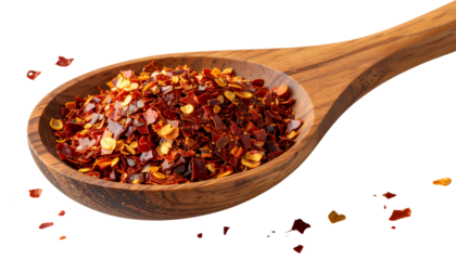 Spicy chili red pepper flakes, chopped, milled dry paprika pile in wooden sppon isolated on white, top view