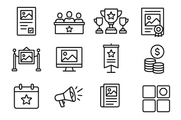 Digital Art Contest Icons. Outline icon set of digital art contests and exhibitions: submission form, judging