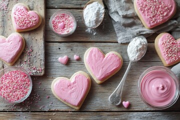 Heart-Shaped Cookies with Pink Frosting and Sprinkles on Rustic Wood Surface