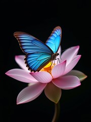 A blue morpho butterfly perched delicately on a pink lotus flower