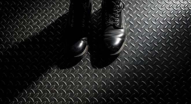 The interplay of light and shadow on steel flooring creates a dramatic backdrop for a pair of robust black leather work boots, their presence suggesting durability and steadfastness, hinting at hard - Powered by Adobe