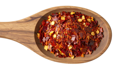 Spicy chili red pepper flakes, chopped, milled dry paprika pile in wooden sppon isolated on white, top view