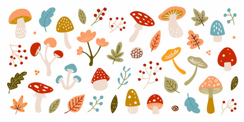 Autumnal Forest Elements Mushrooms Berries and Leaves in a Playful Style