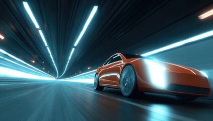 Obraz premium Orange car speeds through a futuristic tunnel lit by vibrant blue and white neon lights