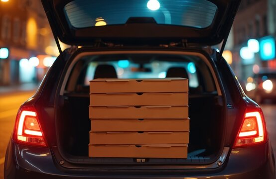 Stack of pizza boxes loaded into car trunk at night. Urban street scene with illuminated lights provides backdrop for fast food delivery service mock-up. Perfect for advertising takeout meals,