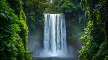 Obraz premium Lush Green Forest Waterfall Cascading into a Pool Surrounded by Dense Foliage nature jungle