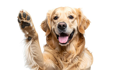 Golden retriever standing proudly with a cheerful expression