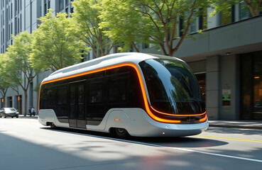 Obraz premium Sleek autonomous shuttle bus glides on busy city street, surrounded by trees, modern buildings. Futuristic electric vehicle represents innovation in urban transportation, smart mobility, AI progress.