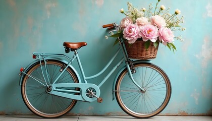 Fototapeta premium Retro bicycle with woven basket brimming with pink, white peonies. Vintage bicycle light blue frame, brown leather, classic spoked wheels. Perfect for spring themes, romantic settings, illustrating